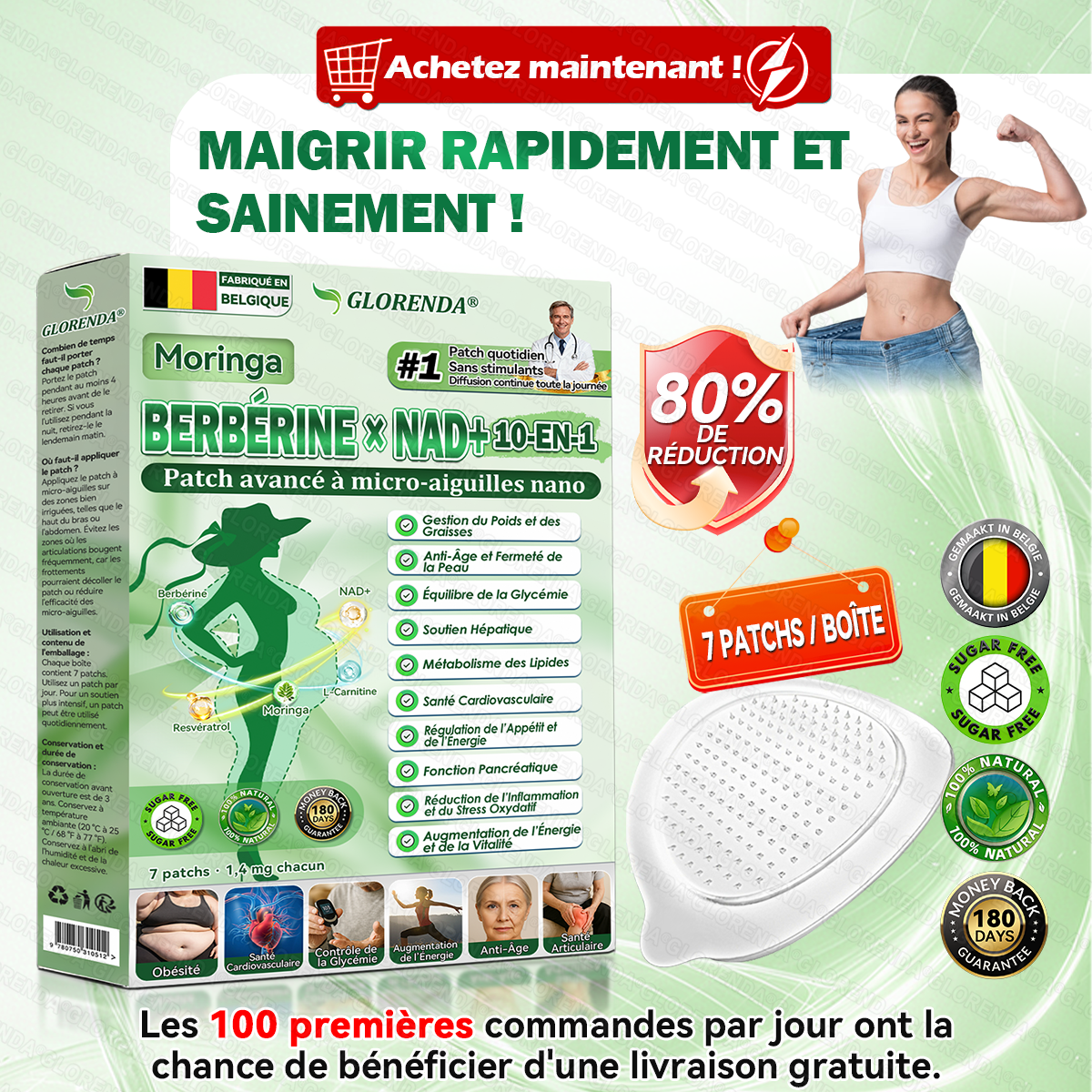 Boutique officielle 💐 𝐆𝐋𝐎𝐑𝐄𝐍𝐃𝐀® Moringa · Berbérine + NAD+ – Patch Microneedle Nano Avancé 10-en-1 (1×/jour, résultats visibles en 7 jours) | Obésité, relâchement cutané, apnée du sommeil, articulations, etc.