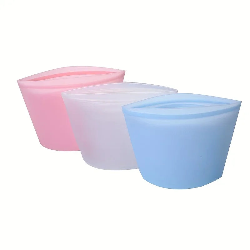 3PCS Reusable Silicone Food Storage Bags – Leakproof Ziplock Containers (500ml–1500ml)