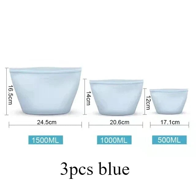 3PCS Reusable Silicone Food Storage Bags – Leakproof Ziplock Containers (500ml–1500ml)