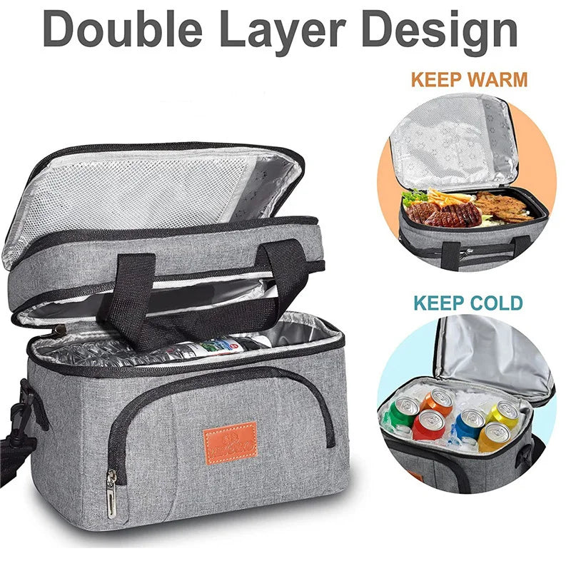 Double Layer Insulated Lunch Bag with Shoulder Strap – Large Capacity Picnic & Travel Tote